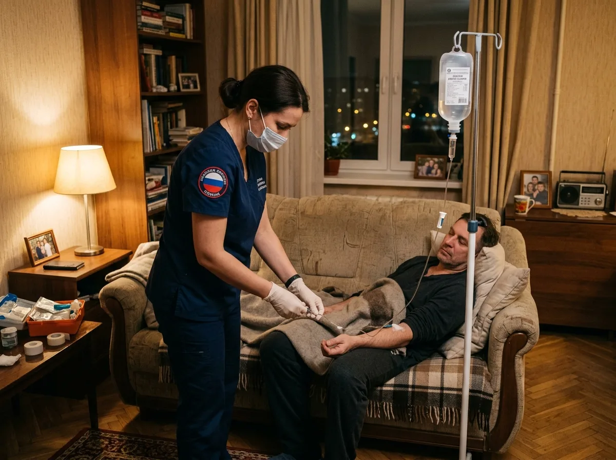 Врач-нарколог в тёмно-синей медицинской одежде устанавливает капельницу пациенту, лежащему на диване в тёплой московской квартире, ночное время, мягкое приглушённое освещение, атмосфера заботы и профессионализма
