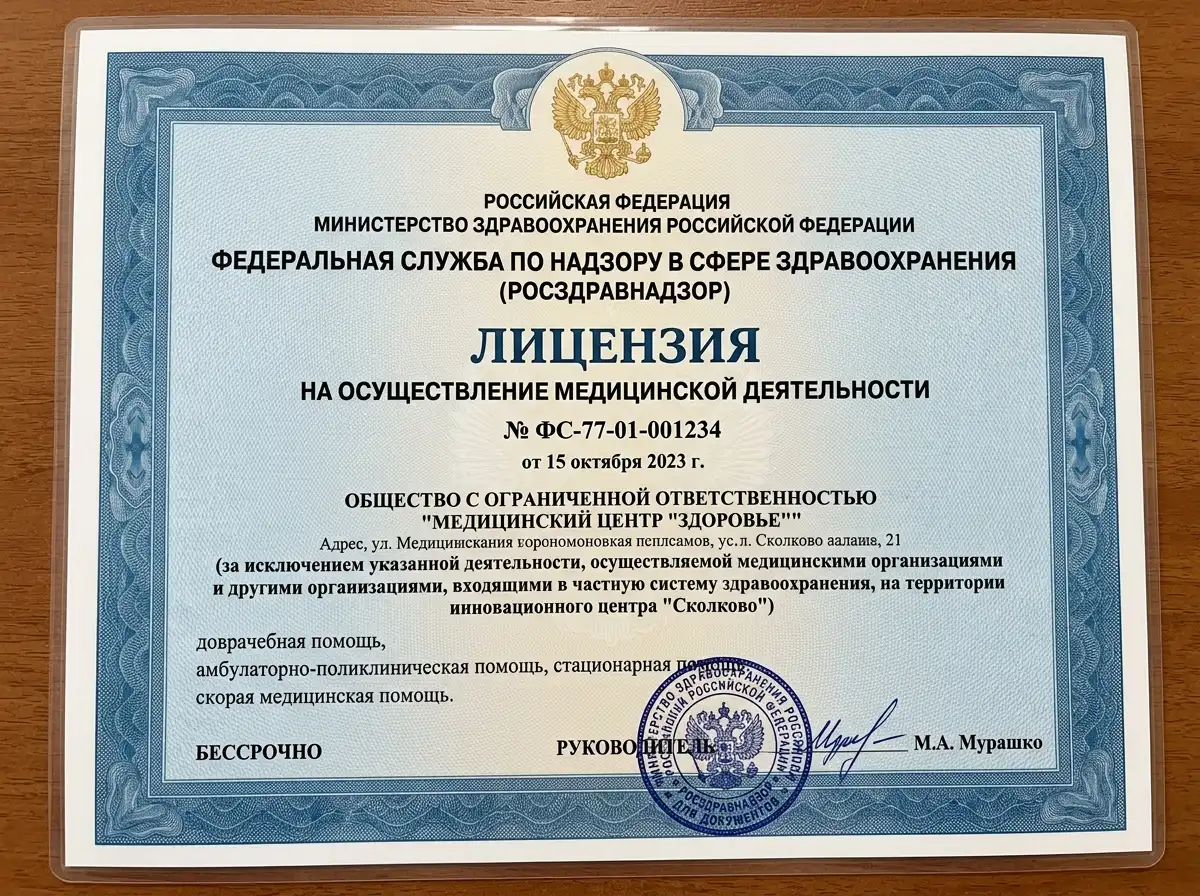 Лицензия Росздравнадзора на осуществление медицинской деятельности — официальный бланк с печатью, синий цвет, государственный герб