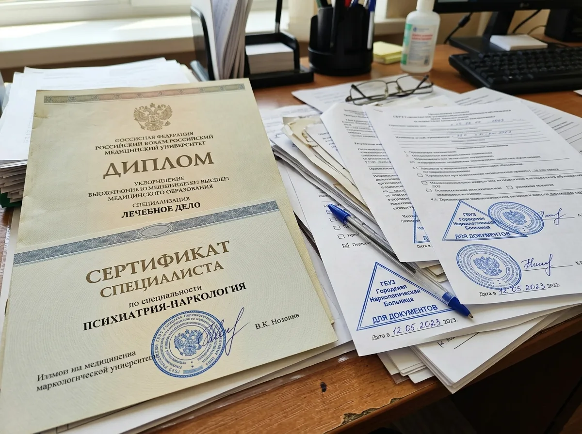 Дипломы и сертификаты специалиста-нарколога, медицинские документы на русском языке, стопка бумаг с печатями медицинских учреждений