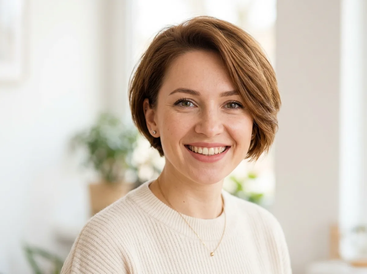 Аватар молодой женщины, около 30 лет, короткие волосы, улыбается, светлый фон