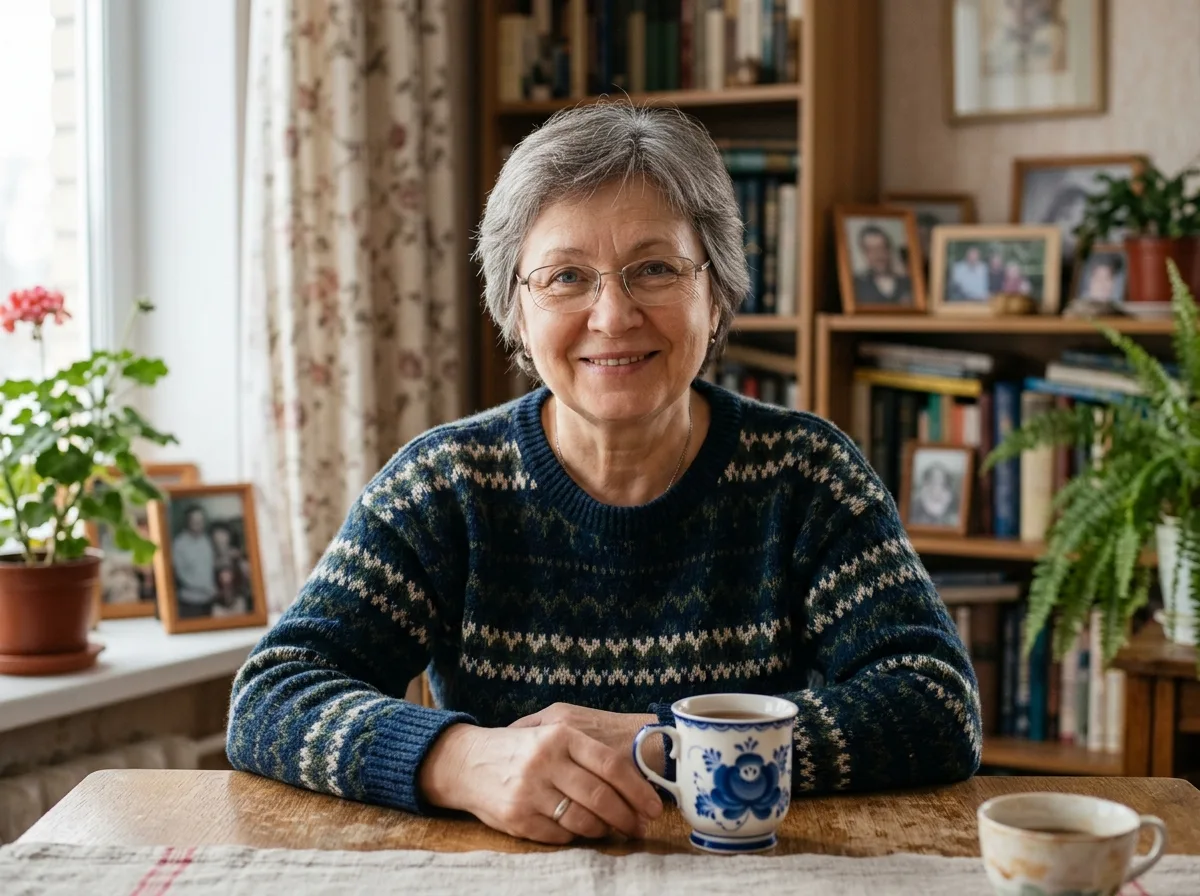 Аватар женщины постарше, около 55 лет, добрый взгляд, домашняя обстановка